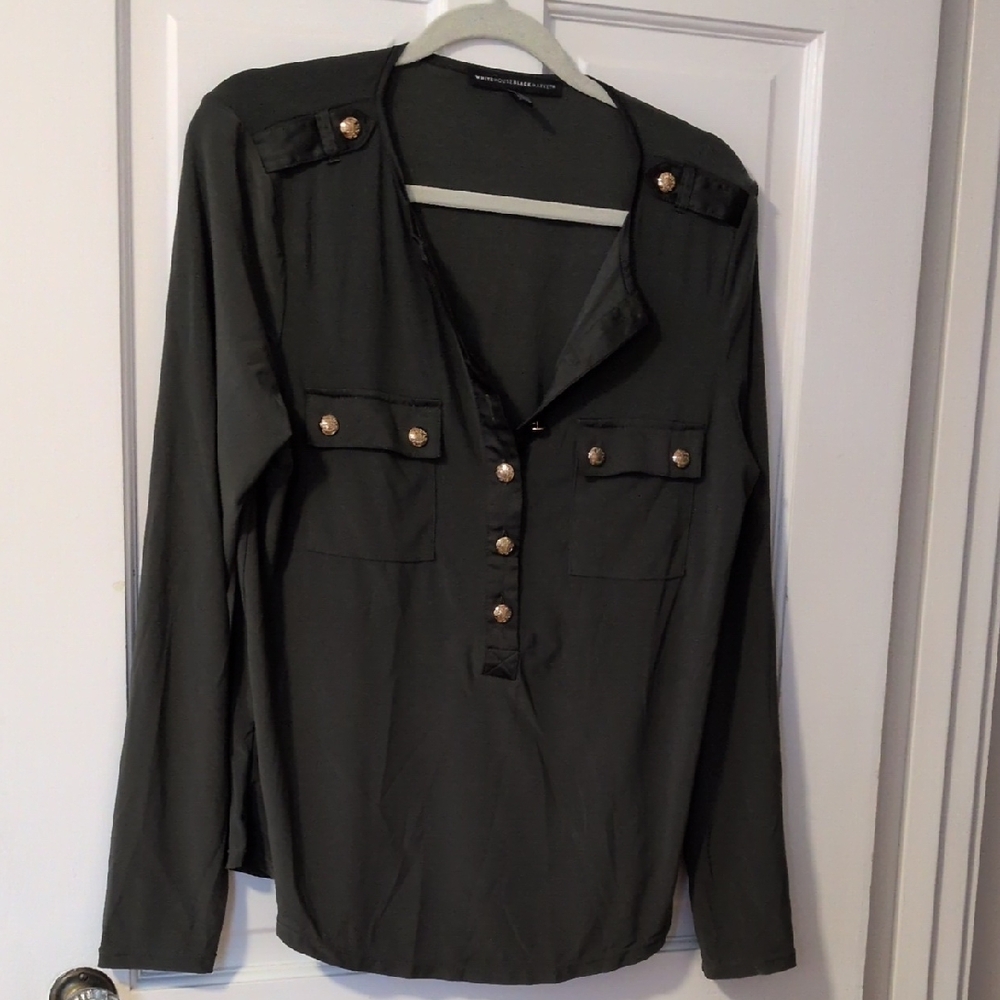 White House Black Market Dark Olive Blouse with Gold Buttons